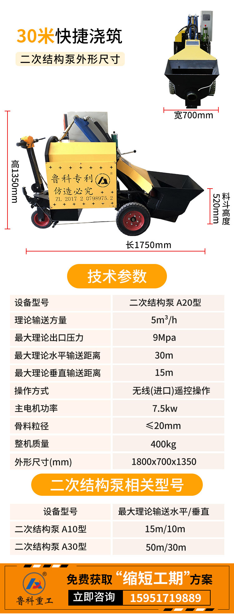 澆筑二次結構柱砼輸送泵小型機